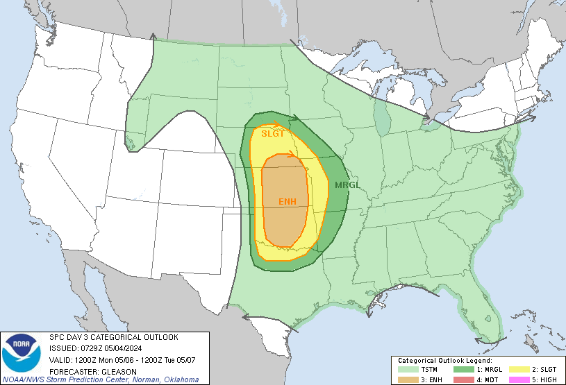Severe weather outlook for Monday, May 6th. An enhanced risk area is covering the eastern half of Kansas, the southeastern corner of Nebraska, and the middle of Oklahoma.